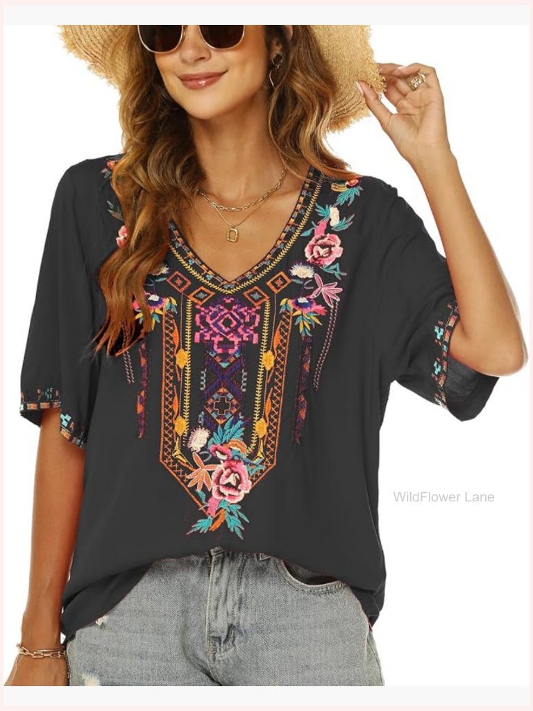 Embroidered Boho Peasant Tunic Top Short Sleeve V-Neck Hippie Summer Blouse